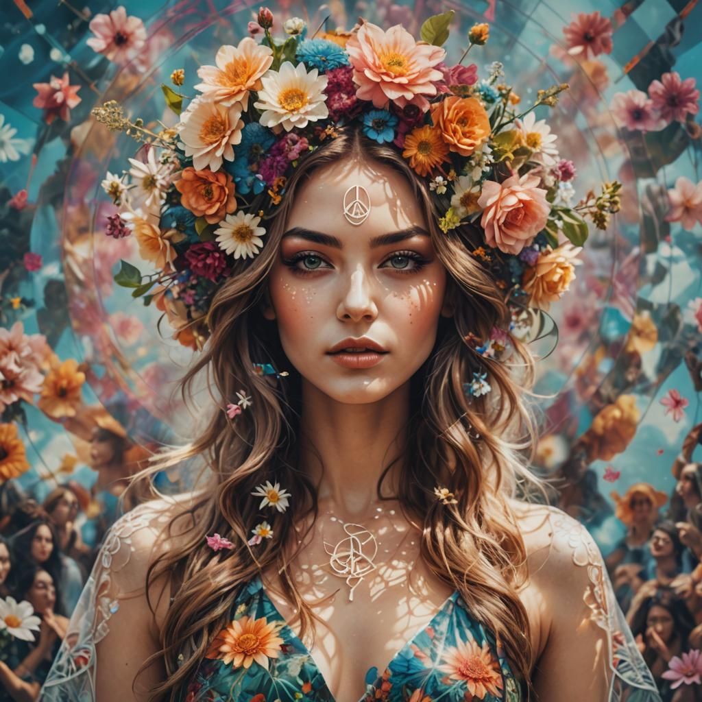 Double exposure a beautiful woman with flowers in her hair, ...
