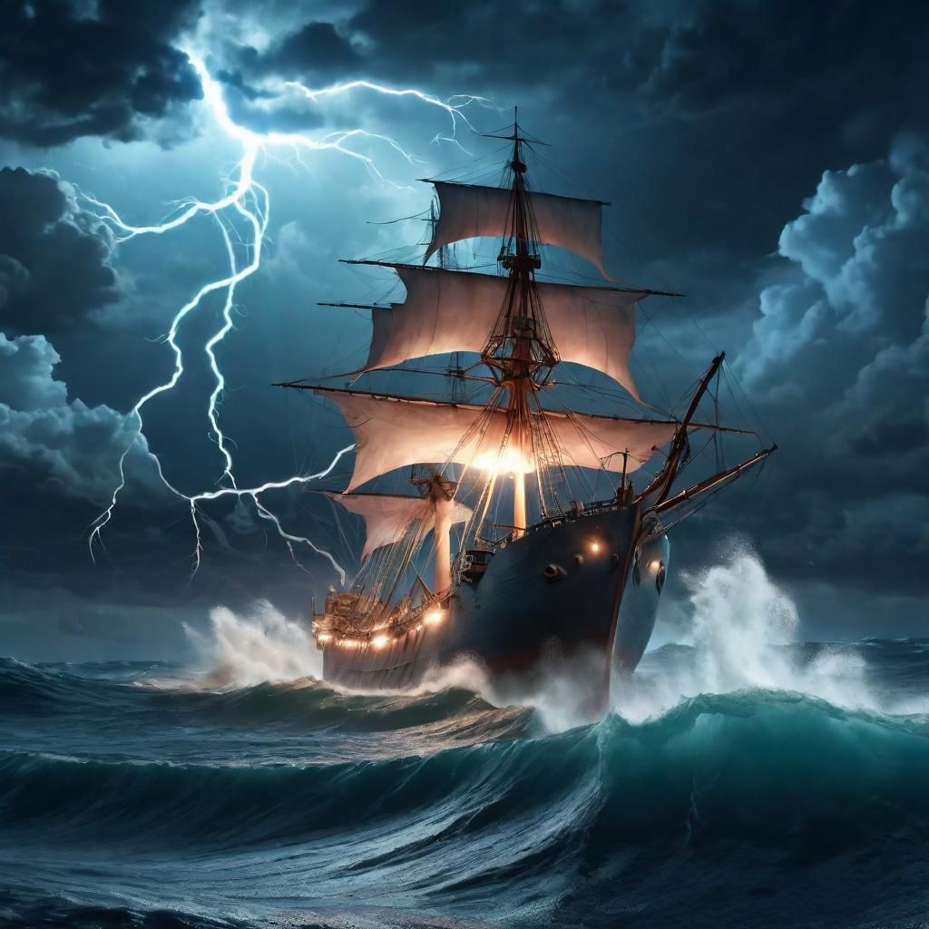 Giant Squid Attacks Ship in Stormy Ocean