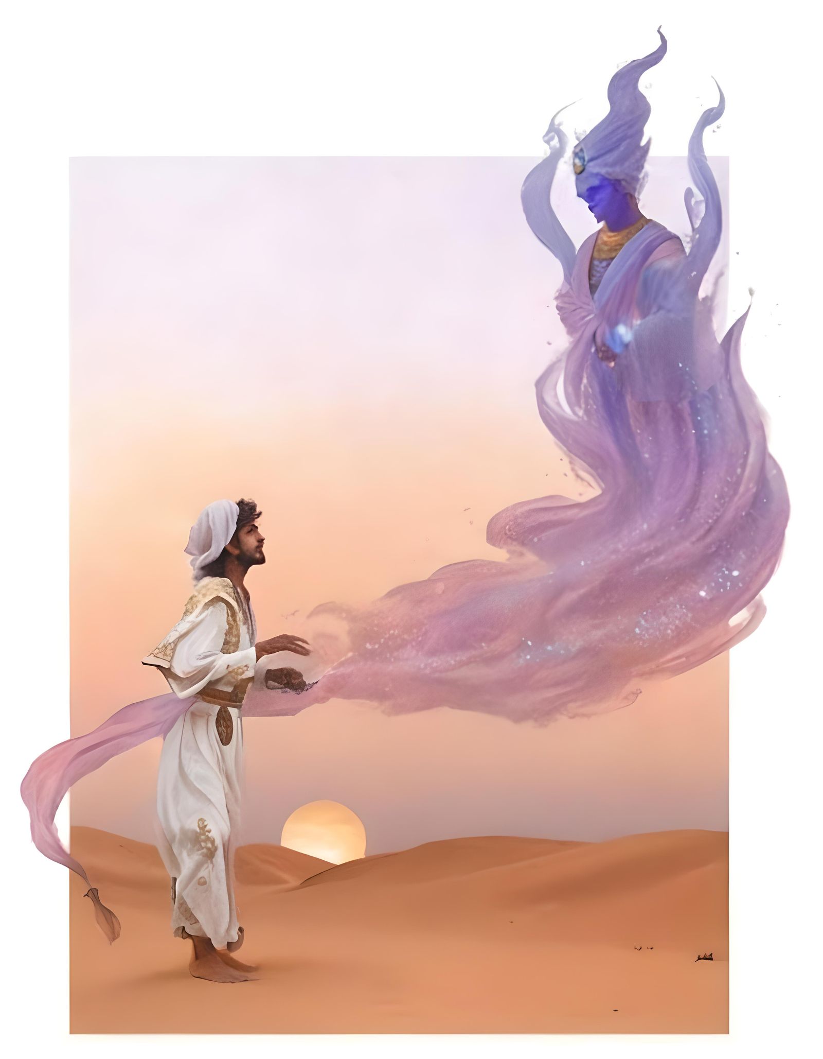 Arab Man with Genie in Desert Landscape