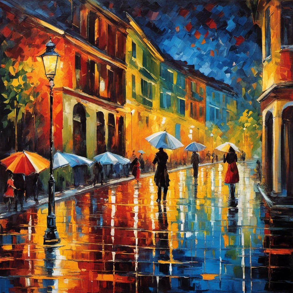 Woman Dancing in Rainy City Street, Expressionist Painting
