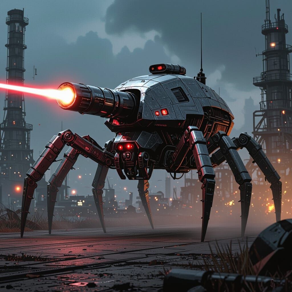 Gigantic Spider Tank with Laser Cannon in Industrial Landsca...