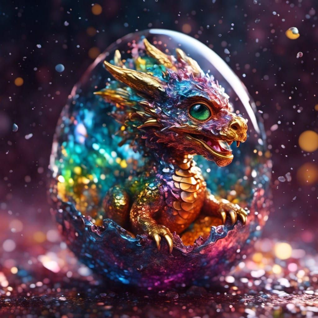 Iridescent Baby Dragon in Glass Egg