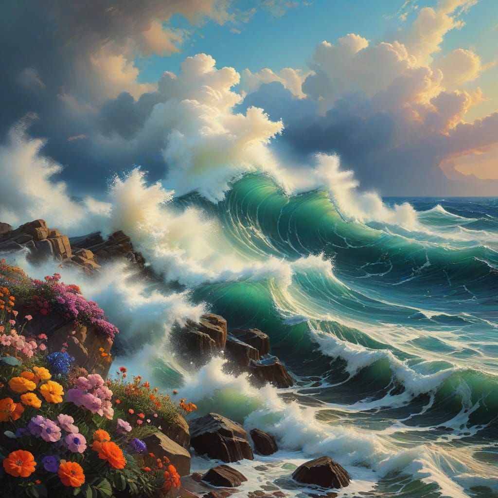 Vibrant Oceanic Tapestry with Turbulent Waves and Swaying Fl...