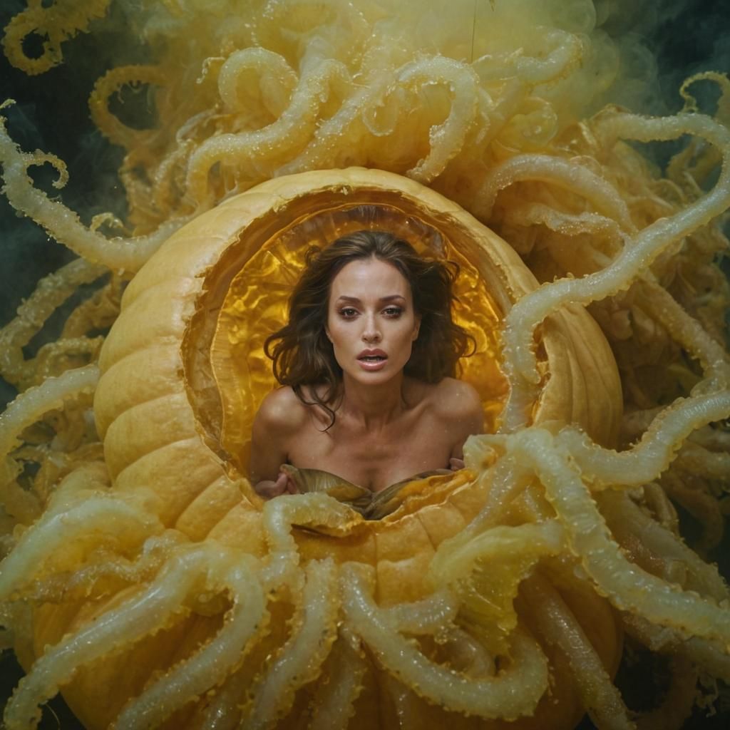 Gorgon Jellyfish Lounging on Pumpkin, Cinematic Film Still
