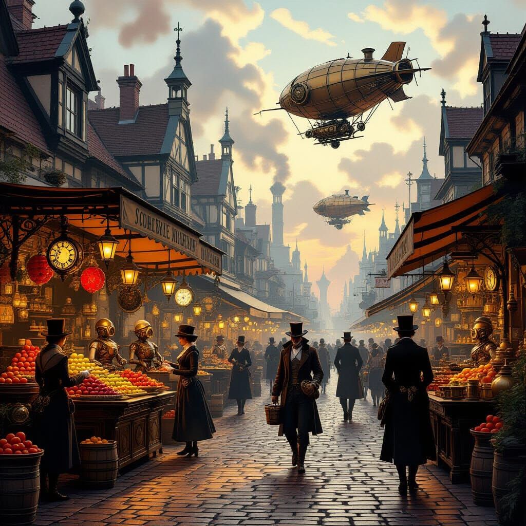 Victorian Steampunk Market Scene with Airships and Automaton...