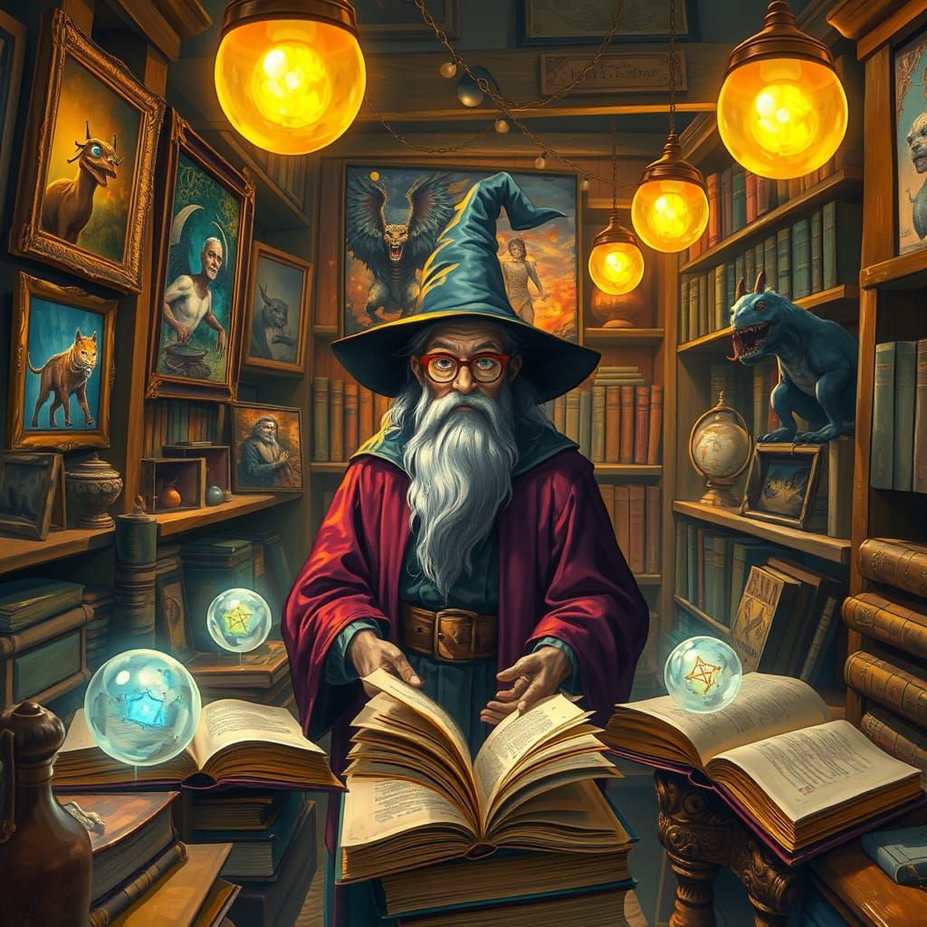Whimsical Wizard's Bookstore in Impressionist Style