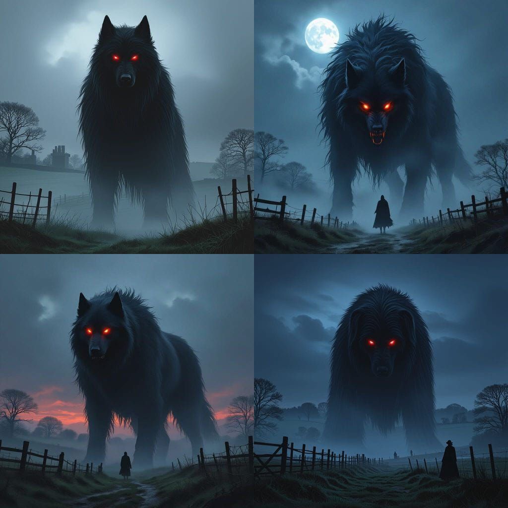 Ghostly Black Dog with Fiery Eyes in Misty English Countrysi...