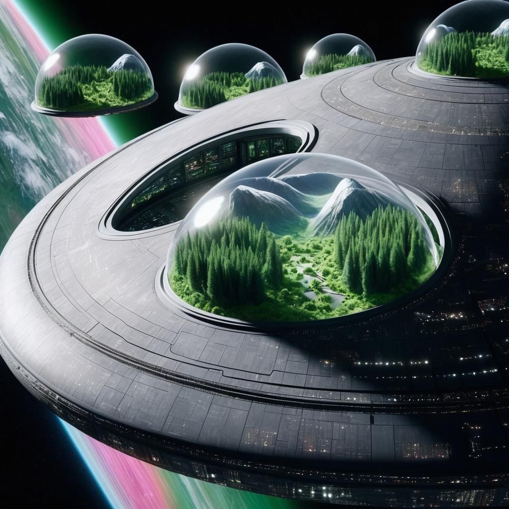 Organic Starship Orbiting Planet with Forest Domes