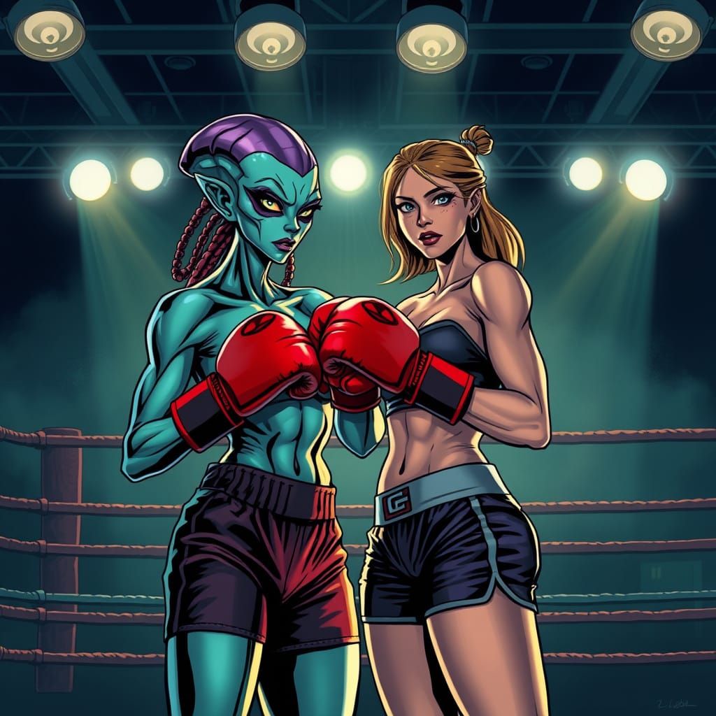 Alien and Human Boxers Friends in Gritty Comic Art Style