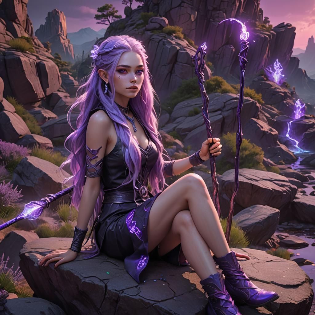 Girl with Neon Staff: Fantastical Digital Art