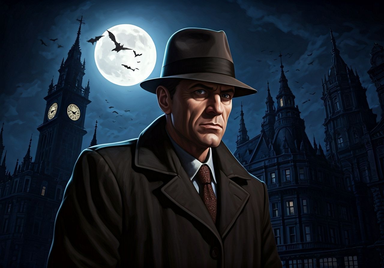 Noir Detective in Gothic City with Bats