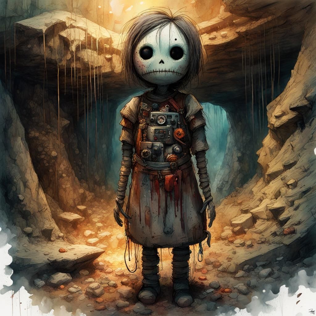 Voodoo Doll in Scary Cave: Digital Watercolor Painting