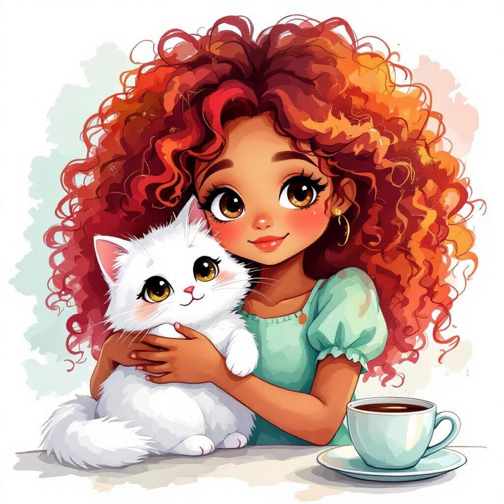 Girl with Cat in Anime Watercolor Style