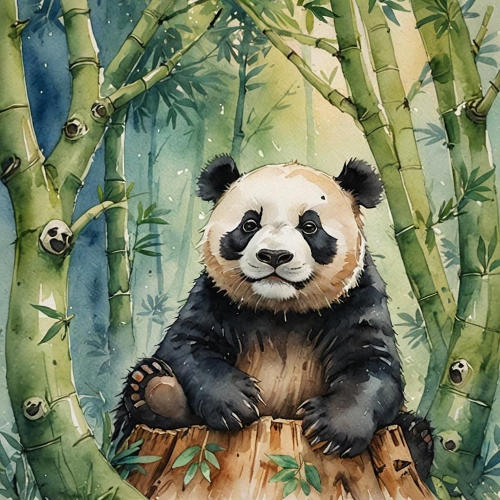 Panda Eating Bamboo in Watercolor Wildlife Illustration