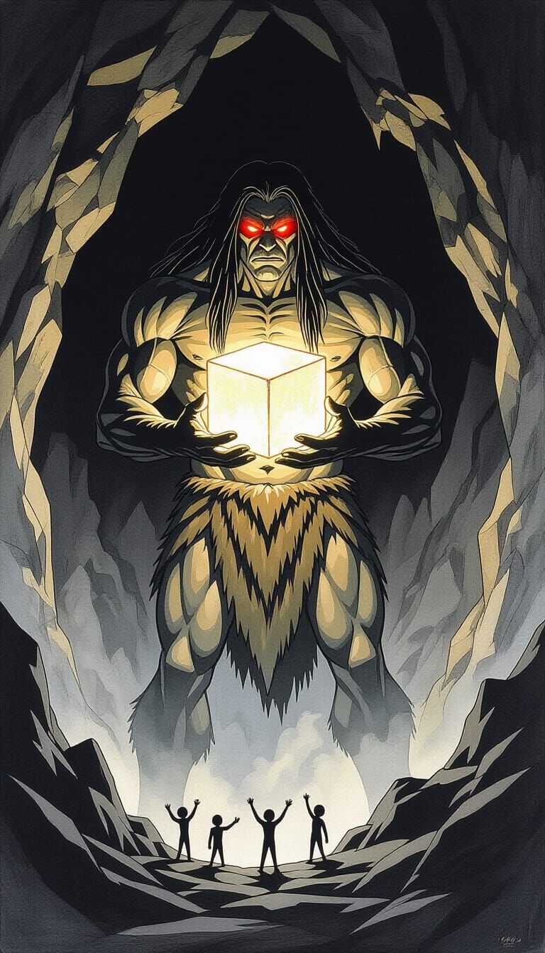 Colossal Figure with Glowing Cube in Cave Entrance