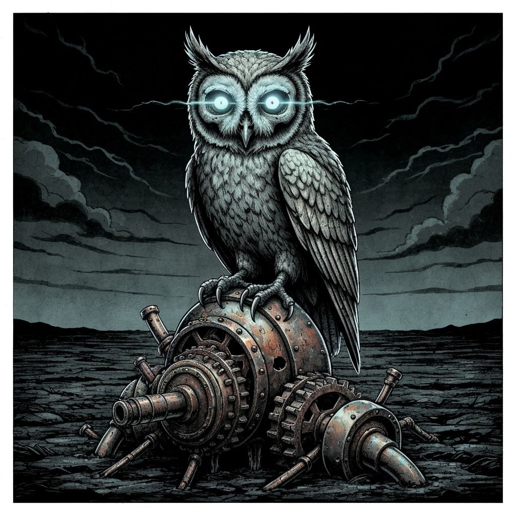 Grotesque Skull Owl On Steampunk Automaton In Distressed Ink...