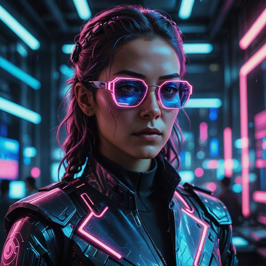 Cyberpunk Female Government Agent in Futuristic High-Tech Of...