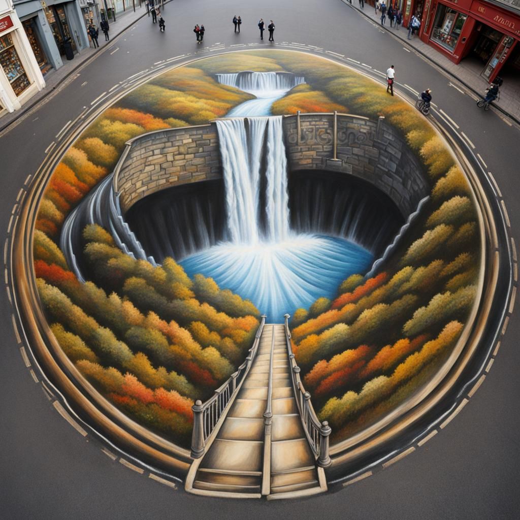 Dizzying Waterfall Drawn in Chalk Art