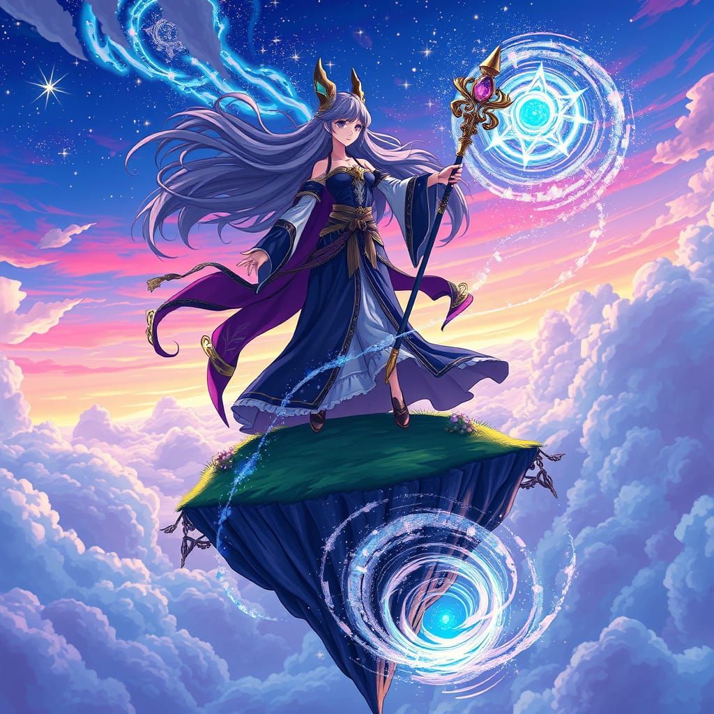 Anime Sorceress Summons Stardust in Dreamlike Sky