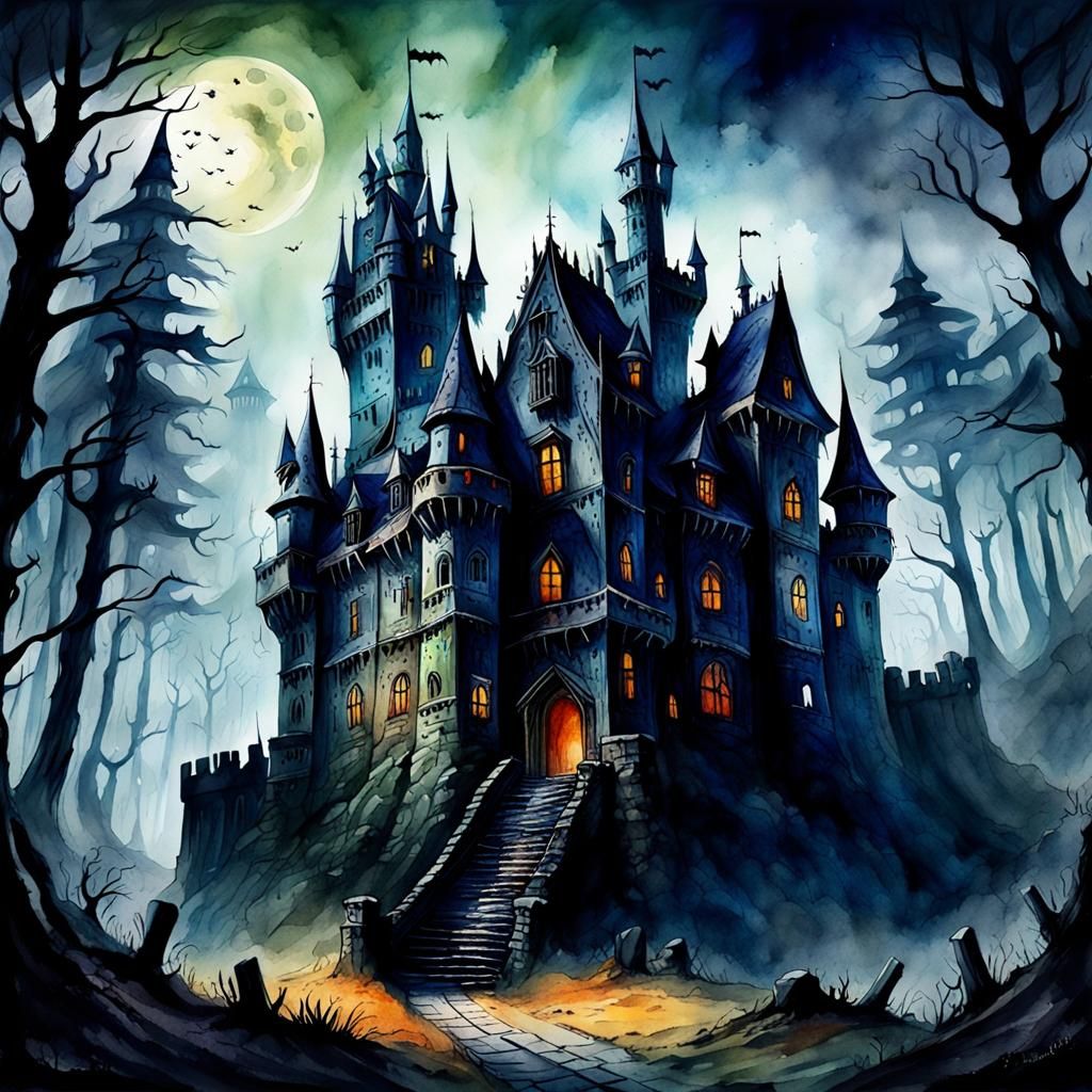 Scary Horror Castle in Haunted Forest: Watercolour Painting