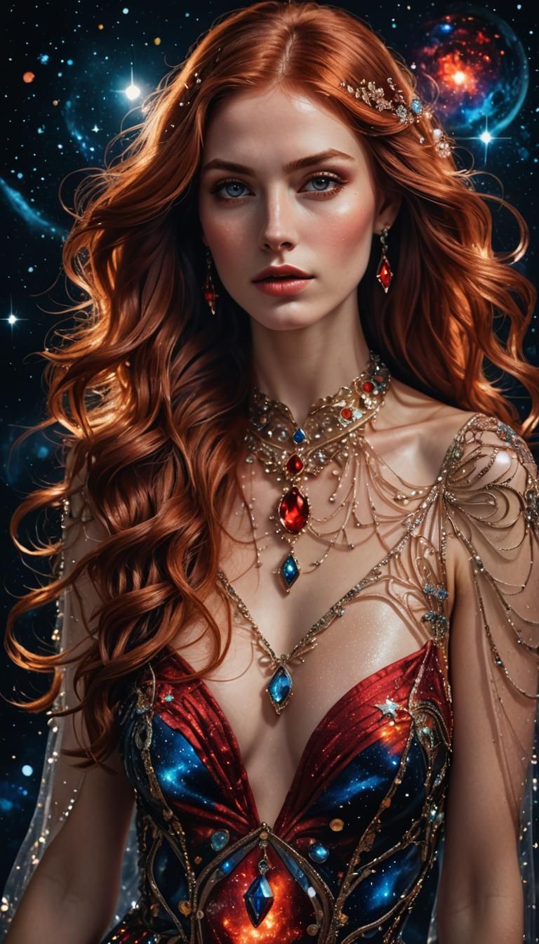 Auburn Haired Woman in Red Glass Dress, Cosmic Sky