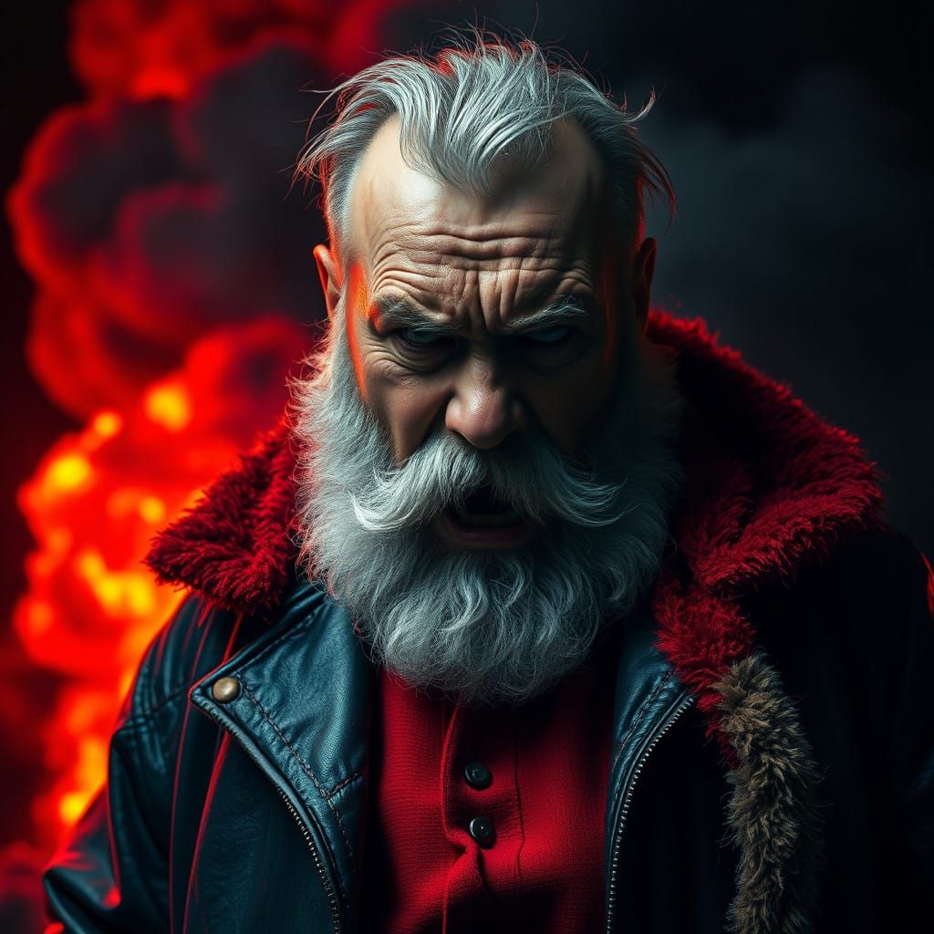 Hyper Realistic Grizzled Santa Claus in Fiery Glow