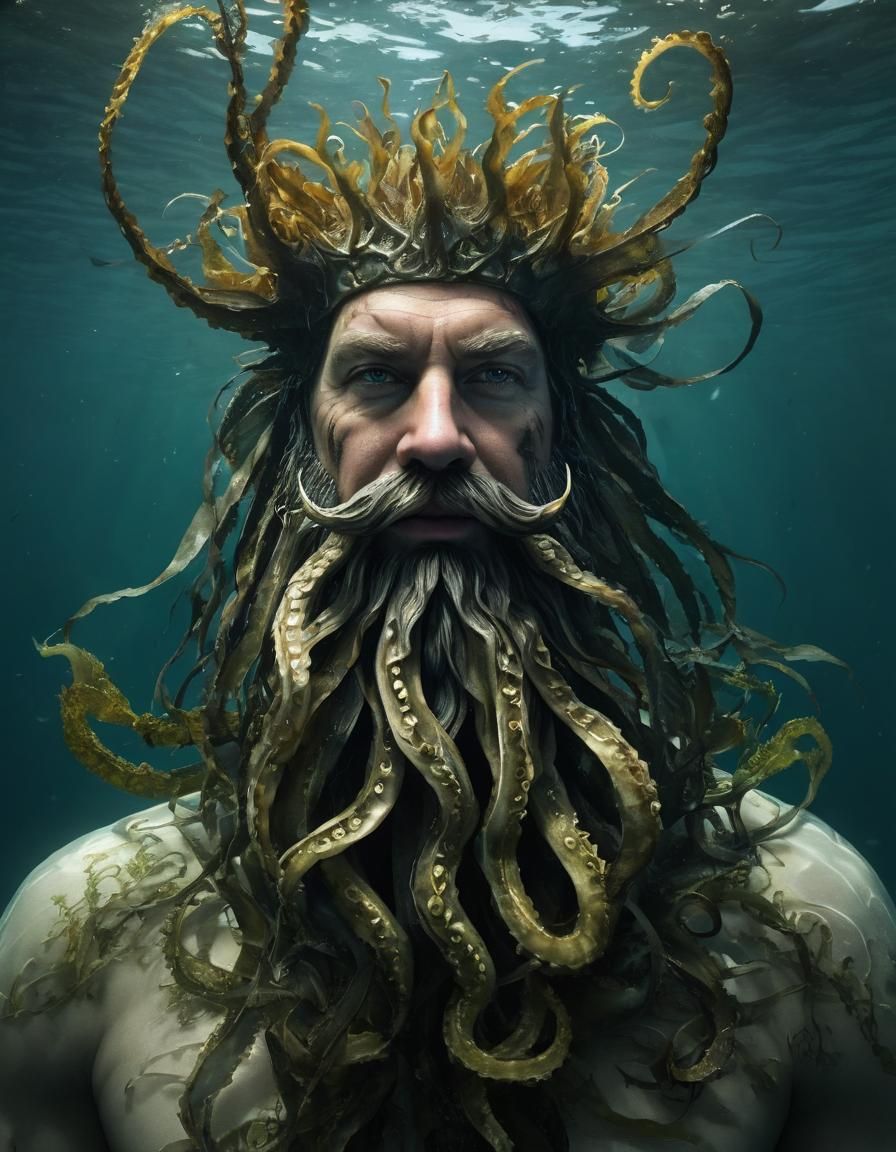 Underwater sea king :: beard made of kelp and tentacles :: dark realistic fantasy