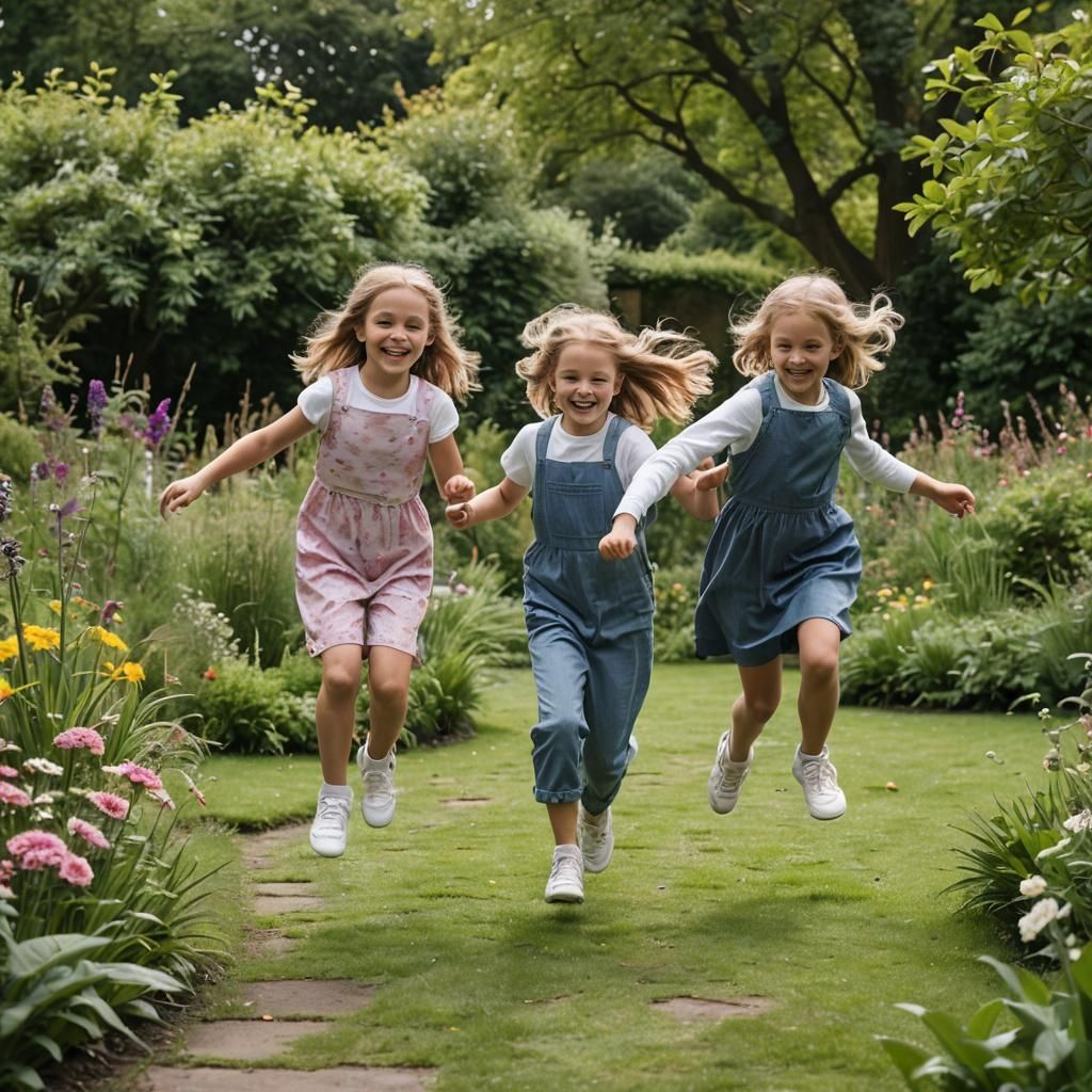 Girls Skipping in a Sunny Garden