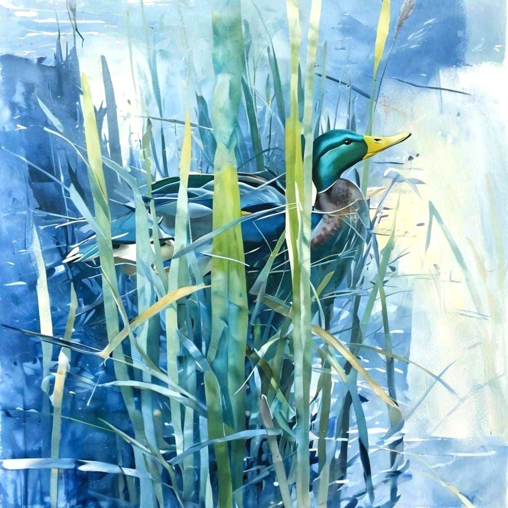 Mallard Duck in Abstract Marsh Painting