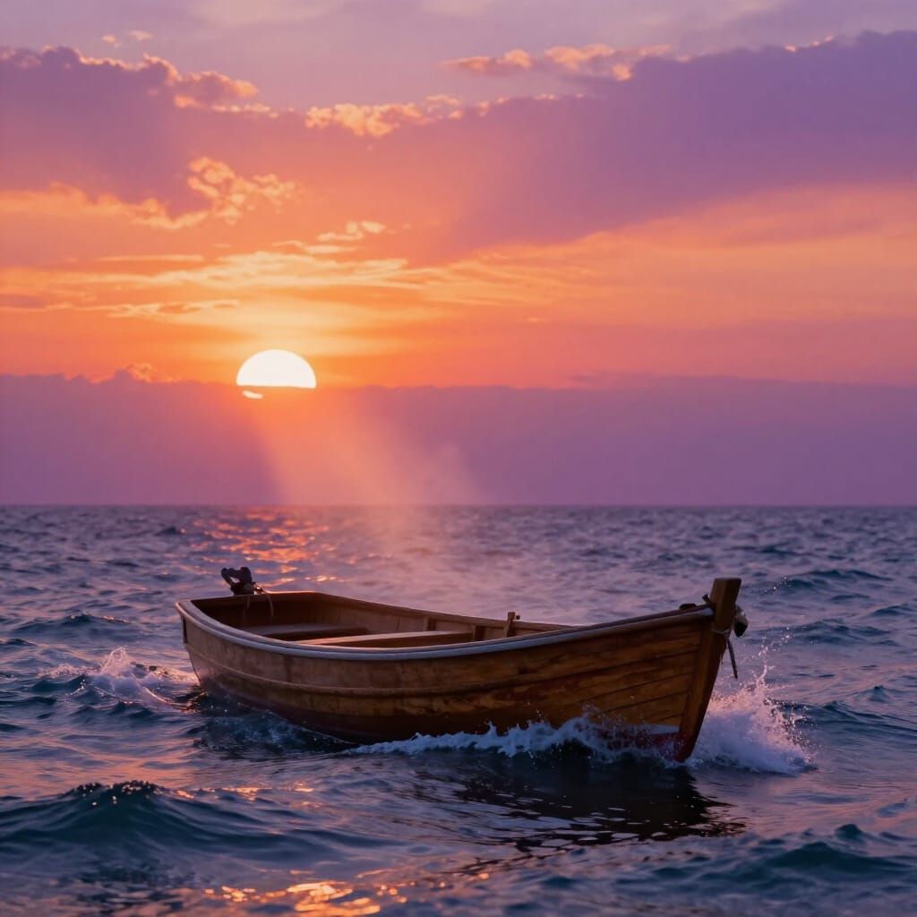 Vibrant Sunset Ocean Scene with Fishing Boat
