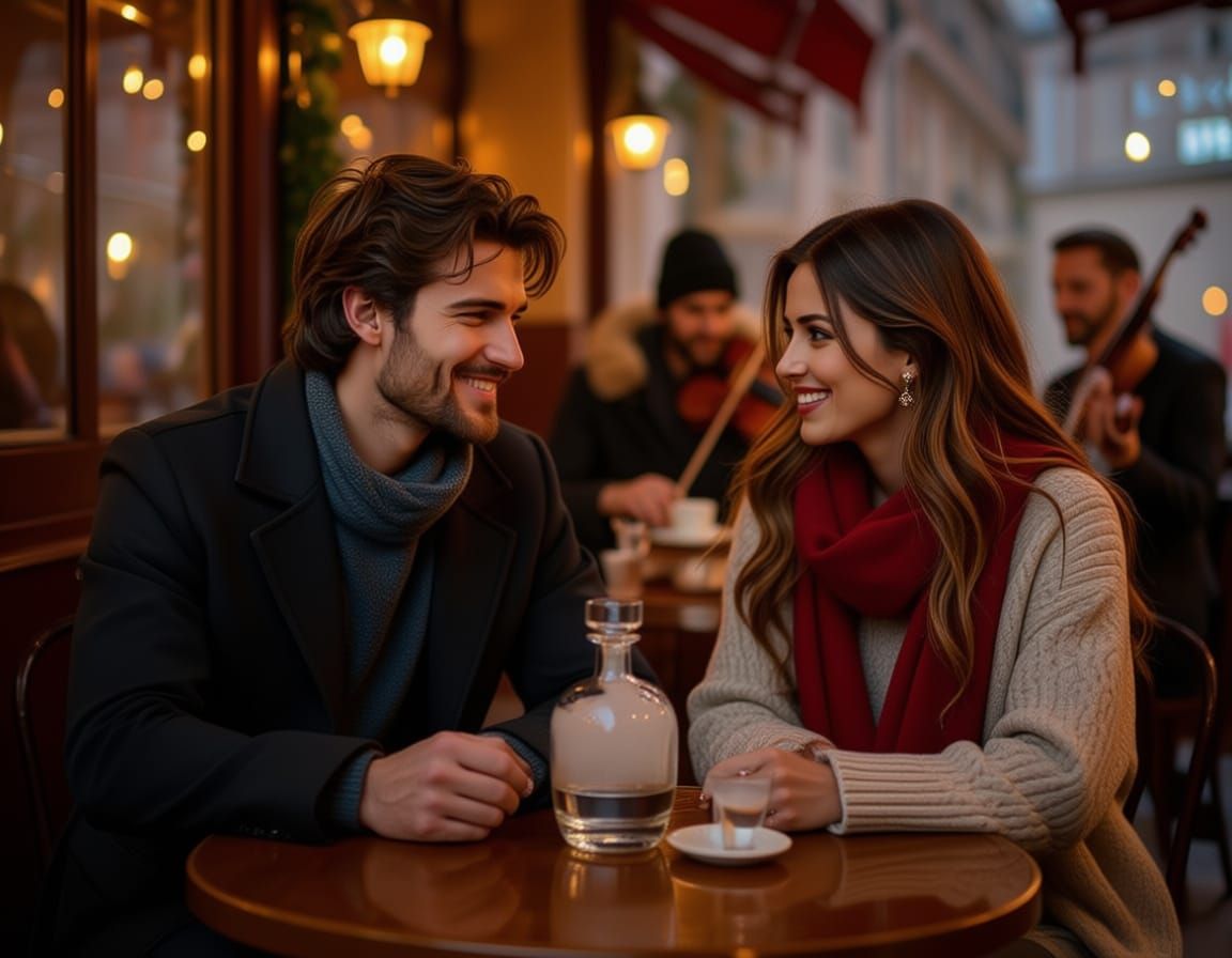 Romantic Couple in Rainy Cafe at Night