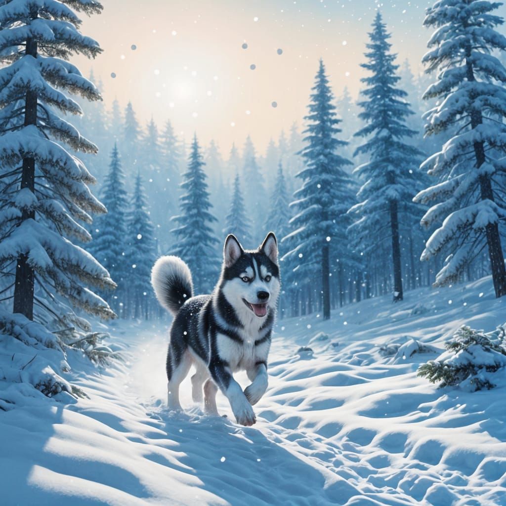 Husky Puppy's Winter Adventure in Hyperrealistic Style