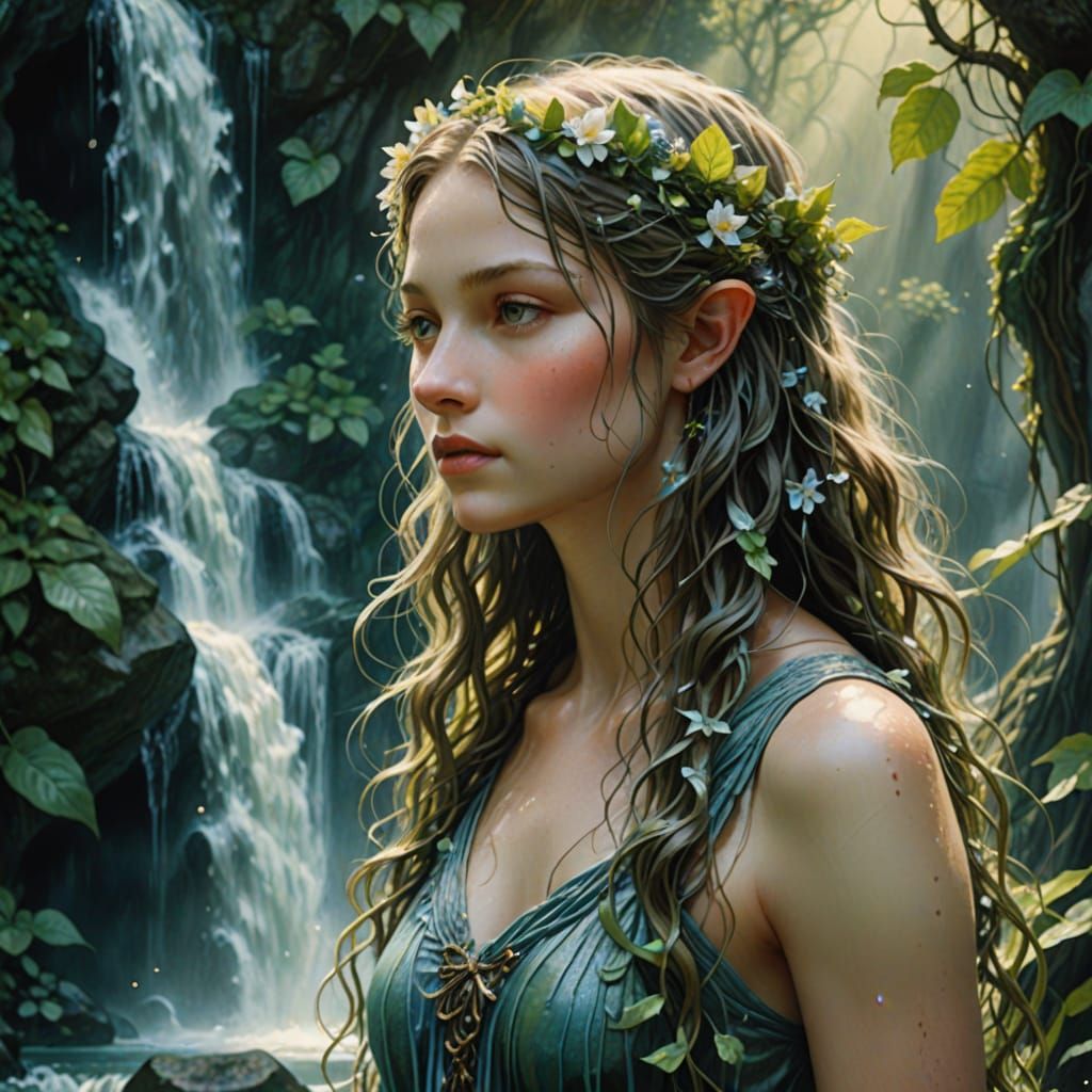 Whimsical Nymph in Lush Waterfall Paradise