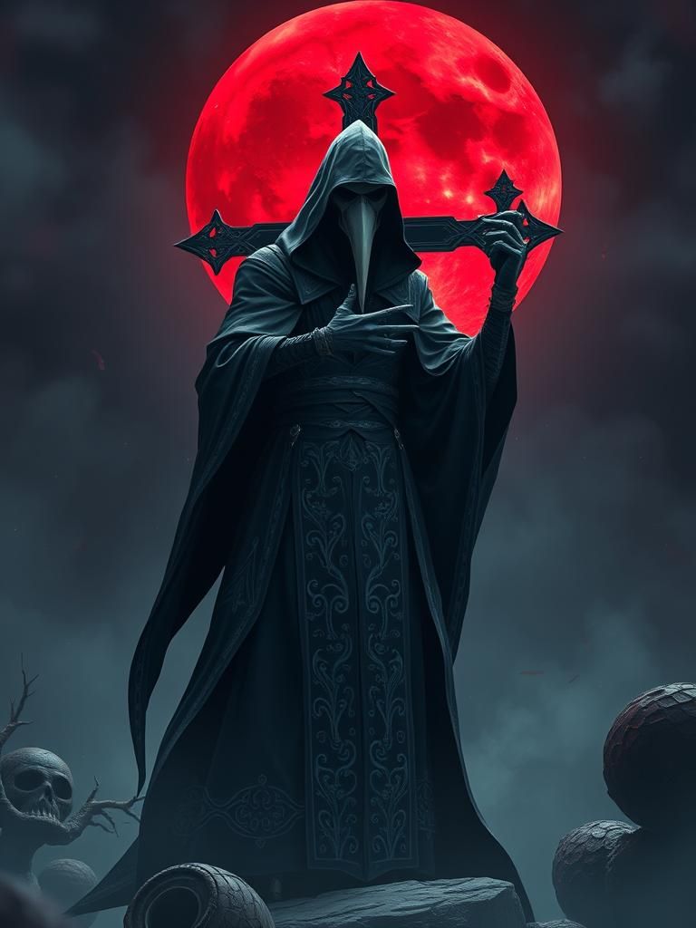 Mysterious Plague Doctor Before Blood Moon in Anime Style