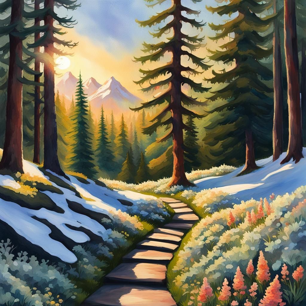 Enchanted Forest Path in Gouache Watercolor Style
