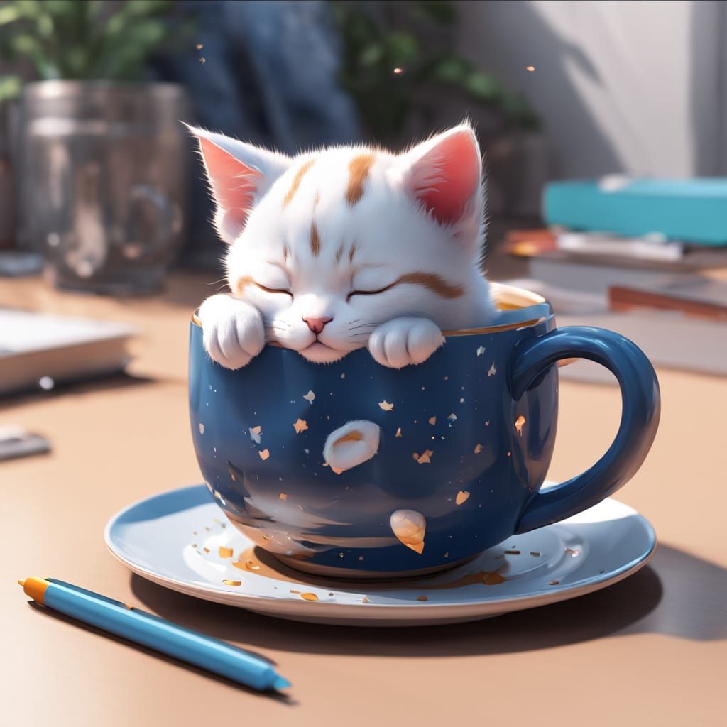 Kitten Snoozing in a Tea Cup in Anime Style