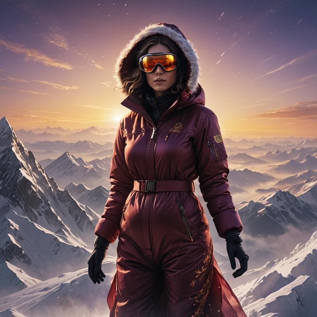 Pregnant Woman on Mountain Summit in Art Deco Style