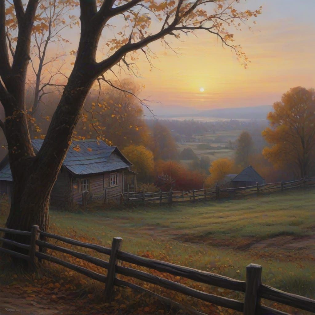 Tranquil Autumn Plum Orchard at Dusk