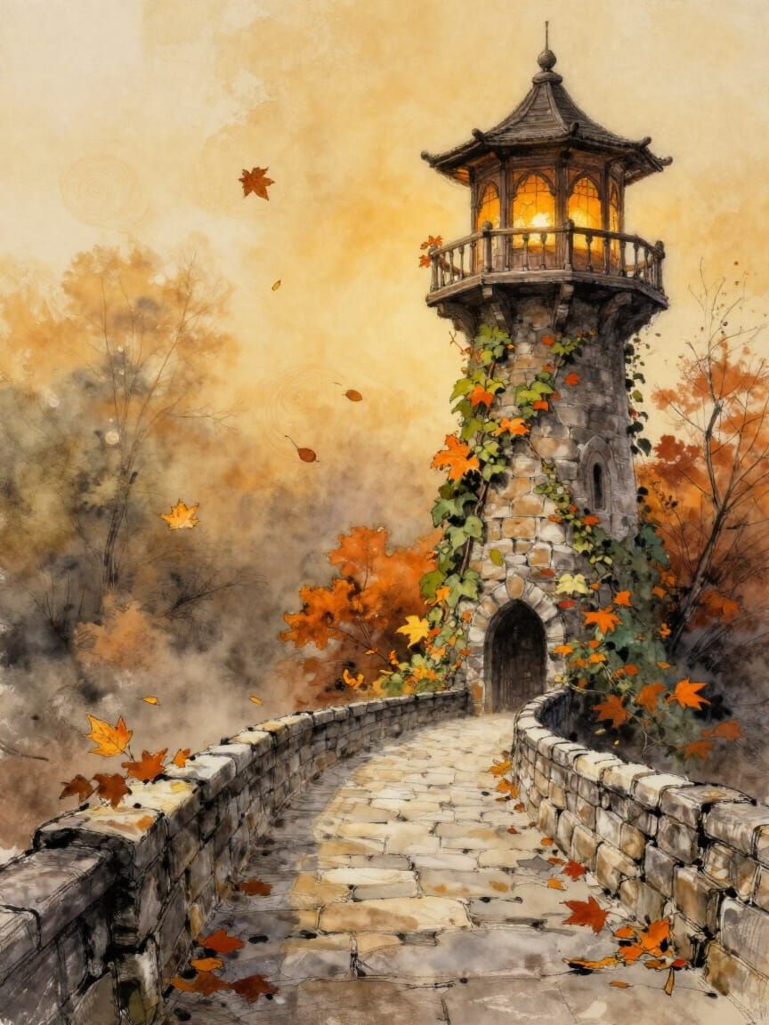 Autumn Watchtower and Lantern Bridge in Watercolor Style