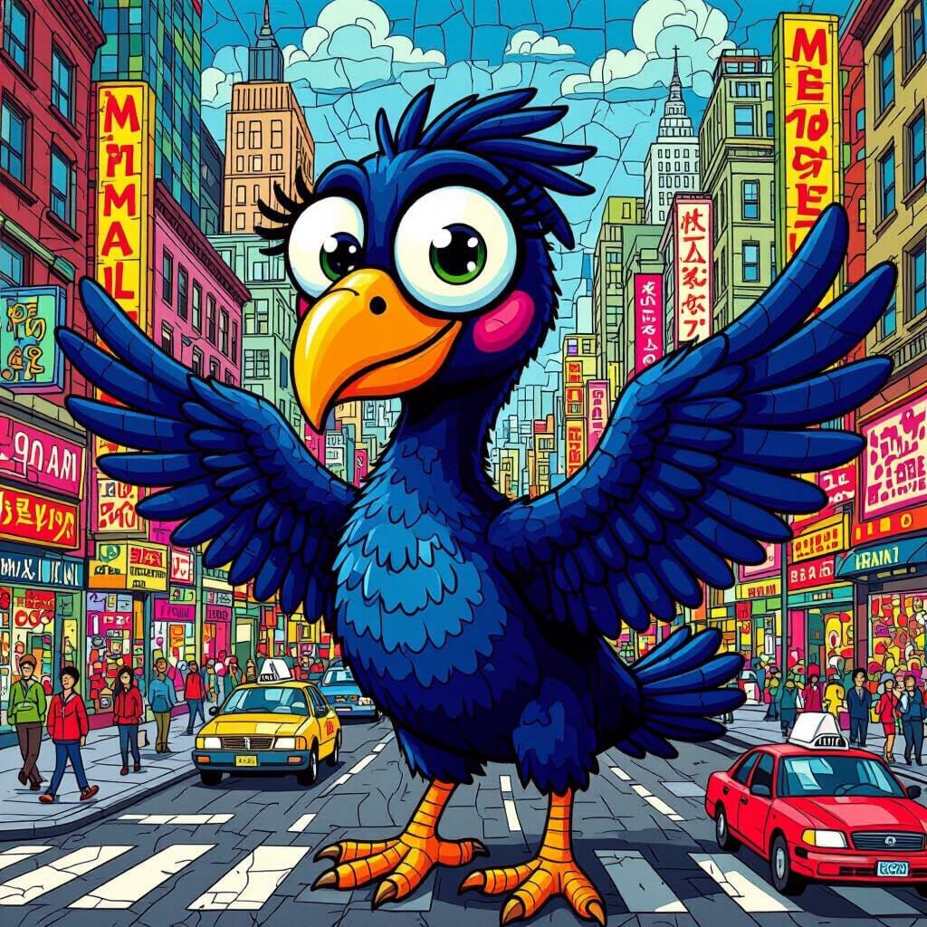 Cartoon Dodo Bird Navigates Chaotic City Streets