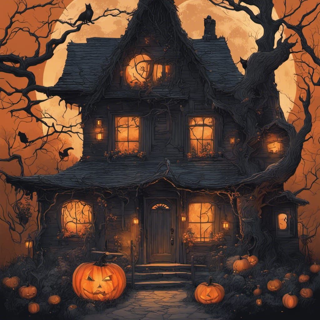 Enchanted Witch Cottage with Black Cat, Fantasy Art