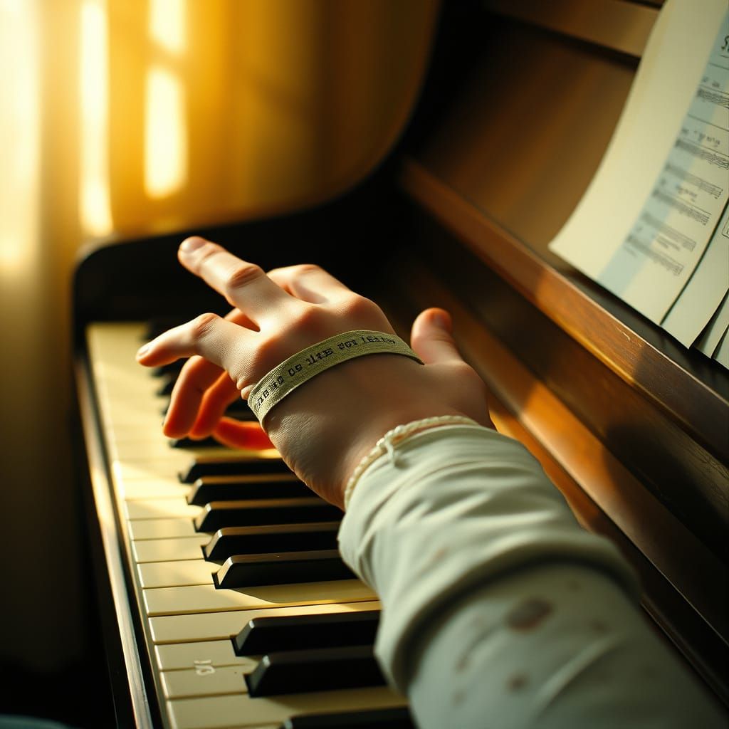 Hand Plays Piano with IV Line and Plaster Cast in Warm Light