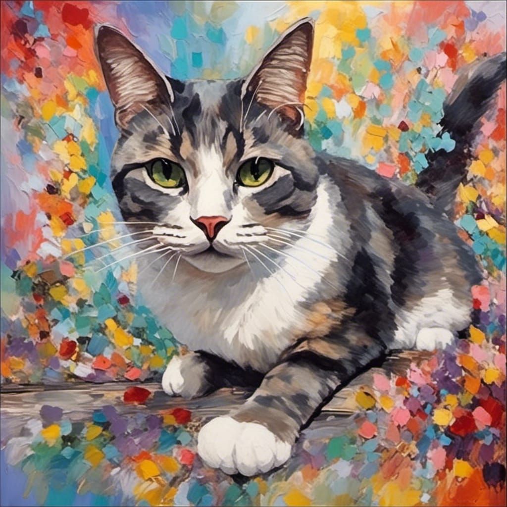 Charming Cat in Winter Field, Expressionist Oil Painting