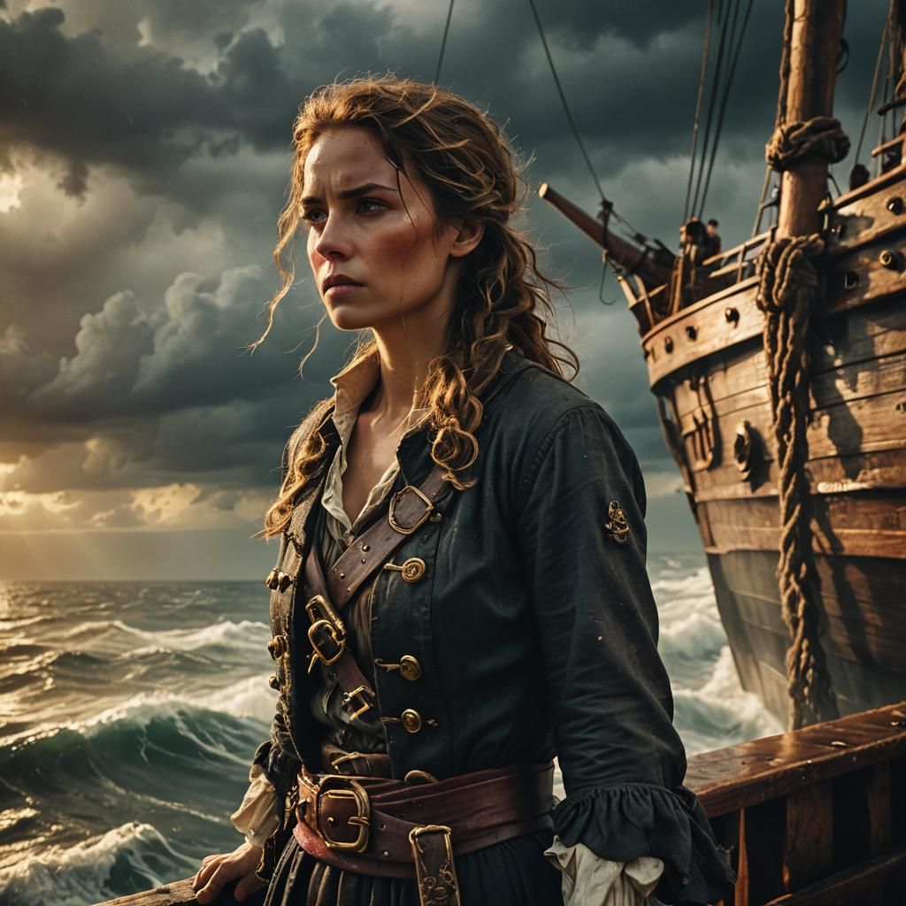 Female Pirate on Ship at Stormy Sea