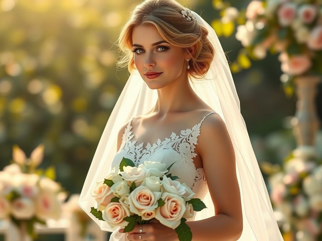 Elegant Bride in Sunlit Garden: Photorealistic Wedding Portr...