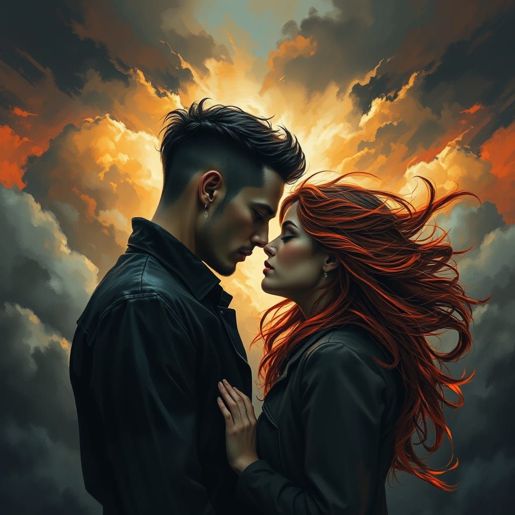 Intense Couple in Dramatic Cloudscape: Cinematic Digital Art