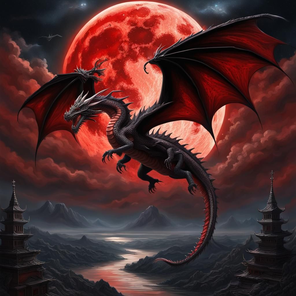 Black and Red Dragon in Flight Under Blood Moon