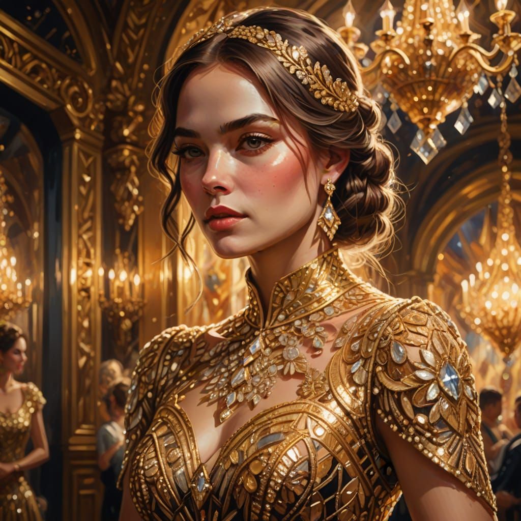 Golden Diamond Ballgown in Luxurious Oil Painting Style
