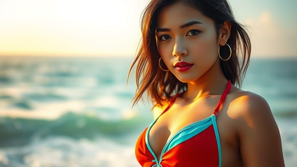 Stunning Asian Woman in Vibrant Red and Turquoise Bikini on ...