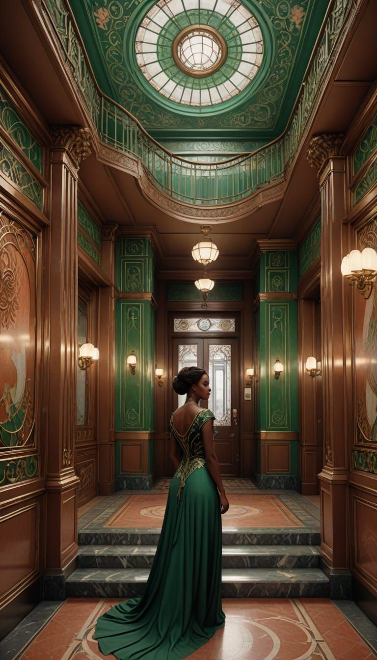 Art Nouveau Elevator with Figure, Detailed Digital Art